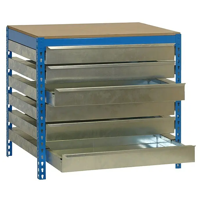 Simonrack Simonwork Werkbank BT5 Box 6 1200 - L x B: 76 x 121 cm, Arbeitshöhe: 84,2 cm, Belastbarkeit: 810 kg, Blau - Schubladenschrank mit sechs Schubladen, ideal für Werkstätten und Lager. Solide Konstruktion mit blauem Rahmen und hellen Schubladen.