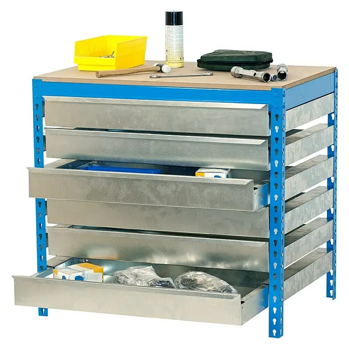 Simonrack Simonwork Werkbank BT5 Box 6 1200 - L x B: 76 x 121 cm, Arbeitshöhe: 84,2 cm, Belastbarkeit: 810 kg, Blau - Werkbank mit Schubladen und Ablagefläche, ideal für die Werkstatt. Die Werkbank bietet viel Stauraum und eine robuste Arbeitsfläche.