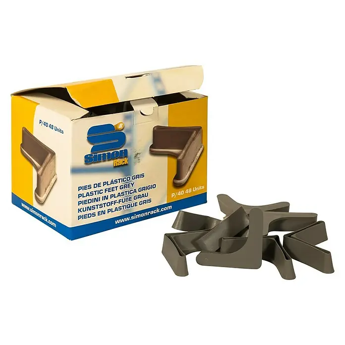 Simonrack Pie de estantería 50 mm - Específico para: estanterías y bancos de trabajo, Gris, 48 ud. - Una caja de pies de plástico grises Simon Rack, exhibida con una selección de pies sueltos en frente, ideal para sistemas de estanterías.