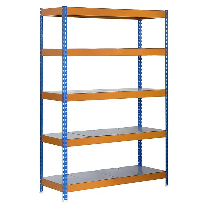 Simonrack Bricoforte Schwerlastregal Bricoforte Metall - H x B x T: 200 x 100 x 60 cm, Traglast pro Boden: 300 kg, Anzahl Böden: 5 Stk., Stecken, Blau/Orange - Aufnahme des Schwerlastregals in orange-blau. Dieses Regal verfügt über fünf Ebenen für eine effiziente Lagerung. Ideal für Lager, Werkstätten und Garagen.
