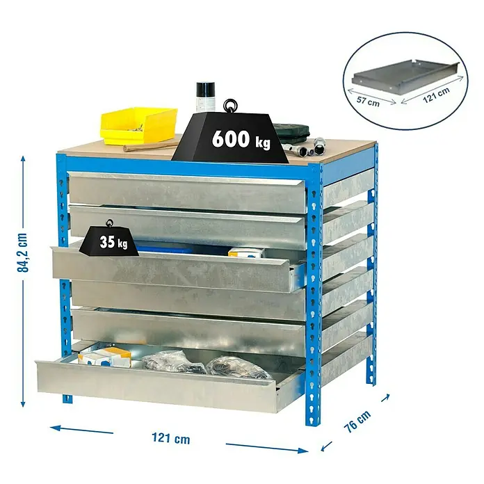 Simonrack Simonwork Banco de trabajo BT5 Box - L x An: 76 x 121 cm, Altura de trabajo: 84,2 cm, Carga soportada: 810 kg, Azul - Imagen de un armario de taller con varios cajones, incluyendo dimensiones e información de peso para cajones y parte superior.