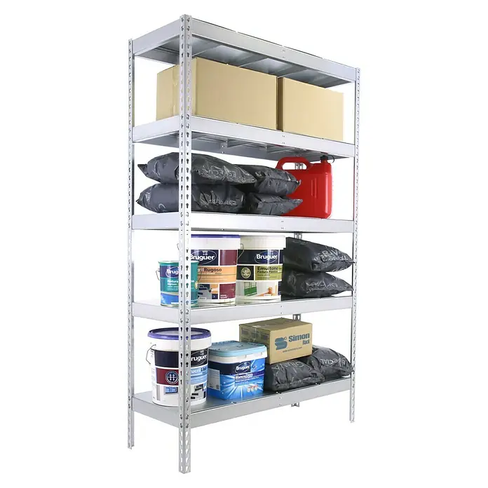 Simonrack Ecoforte Estantería para cargas pesadas Metal - Al x An x Pr: 200 x 150 x 60 cm, Número de baldas: 5 ud., Inserción, Galvanizado, Capacidad de carga por balda: 400 kg, Bandejas no incluidas - Unidad de estanterías con latas de pintura, cajas y bolsas variadas, perfecta para organizar el almacenamiento y los artículos del hogar.