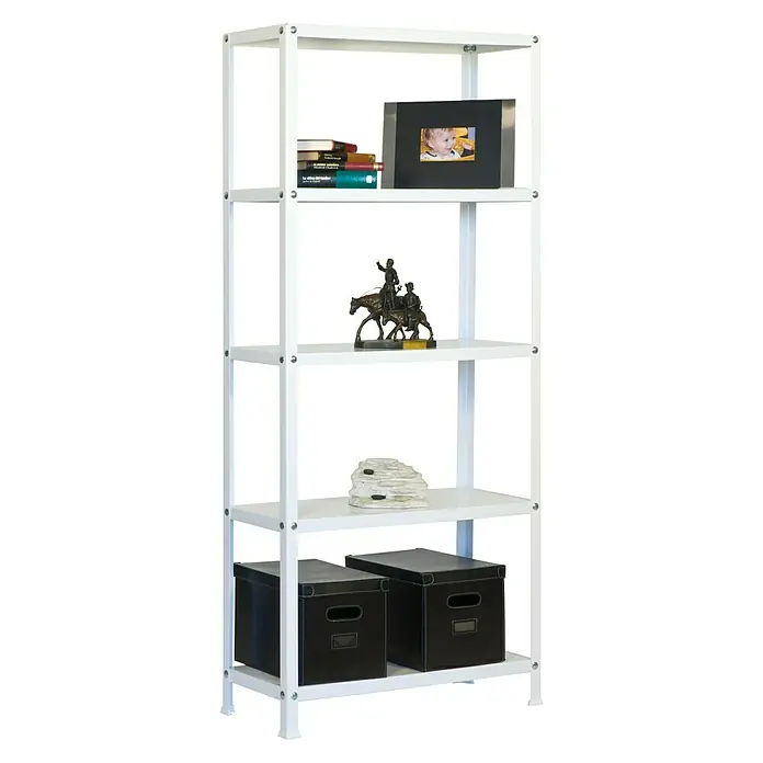 Simonrack Simonhome Metallregal Classic Plus - H x B x T: 180 x 100 x 30 cm, Traglast pro Boden: 100 kg, Anzahl Böden: 5 Stk., Schrauben, Weiß/Weiß - Weißes Metallregal mit fünf Ablagen, dekoriert mit Büchern, einem Bilderrahmen, einer Statuette, einem Stein und zwei Aufbewahrungsboxen.