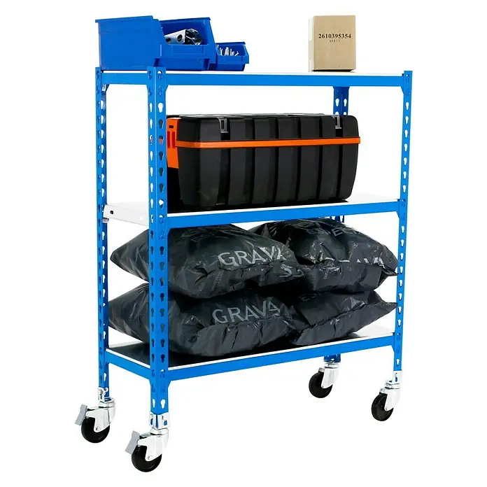 Simonrack Simonclick Estantería metálica Mobile Plus - Al x An x Pr: 90 x 100 x 40 cm, Número de baldas: 3 ud., Inserción, Azul - Carro de estantería azul rodante con caja de herramientas, contenedores azules, caja y bolsas negras. Perfecto para cualquier espacio.