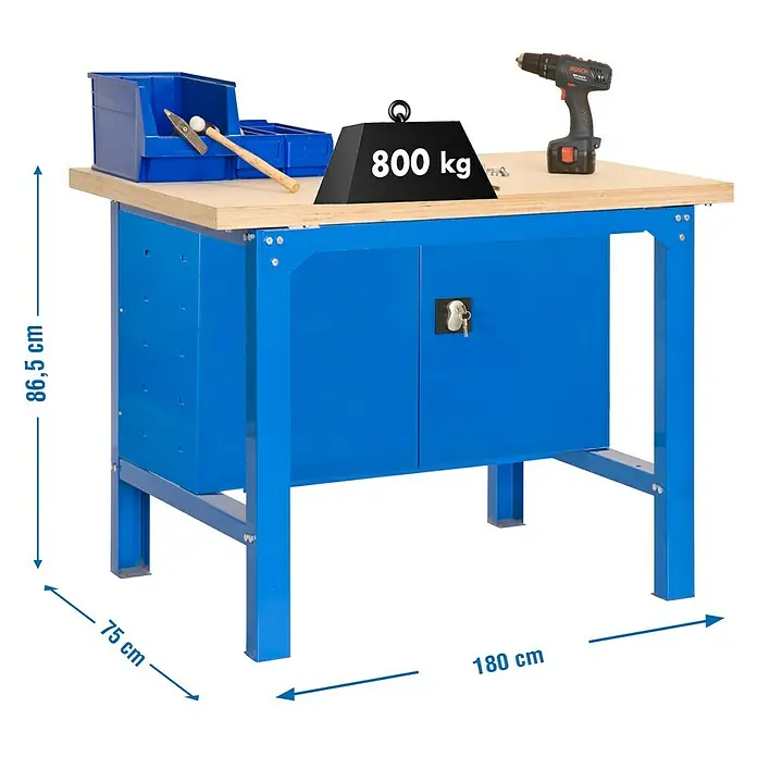 Simonrack Simonwork Banco de trabajo BT6 Cabinet - L x An: 75 x 180 cm, Altura de trabajo: 86,5 cm, Carga soportada: 600 kg, Azul - Un banco de trabajo con estructura azul, tablero marrón claro y herramientas, que demuestra una alta capacidad de carga de 800 kg.
