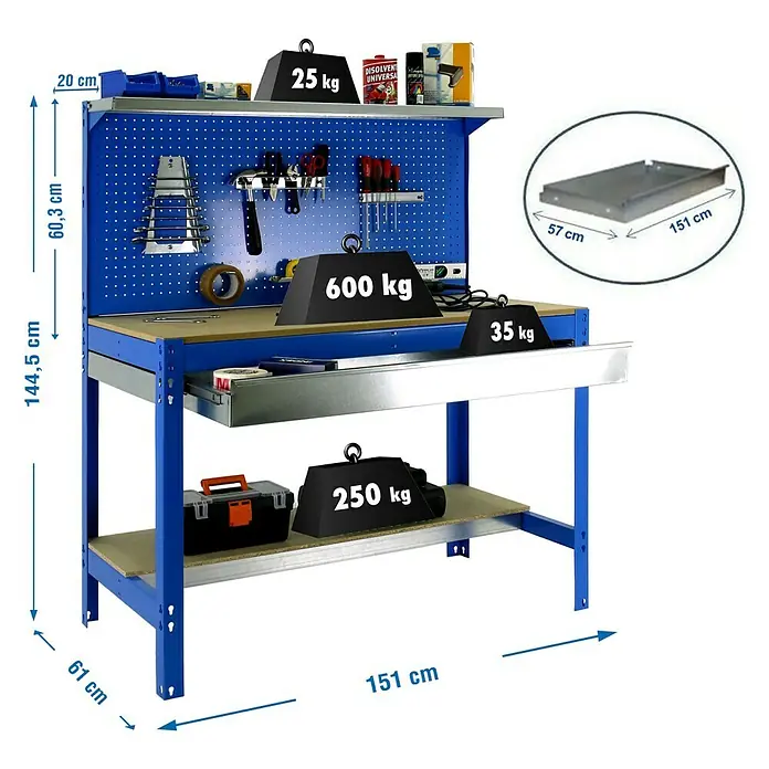 Simonrack Simonwork Werkbank BT3 Box 900 - L x B: 61 x 91 cm, Arbeitshöhe: 144,5 cm, Belastbarkeit: 400 kg, Blau - Werkbank mit den Maßen 144,5x61x151 cm, ideal für Werkstattarbeiten. Die Werkbank hat eine blaue Farbgebung und viele Ablagemöglichkeiten.