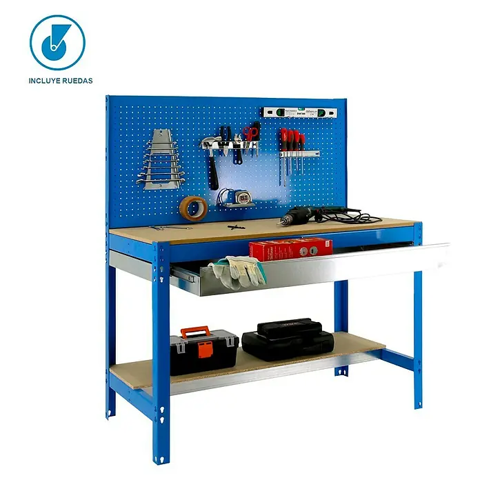 Simonrack Simonwork Banco de trabajo BT2 Box Mobile - L x An: 61 x 91 cm, Altura de trabajo: 144,5 cm, Carga soportada: 120 kg, Azul - Banco de trabajo azul con herramientas, cajón y espacio de almacenamiento, ideal para talleres y garajes.