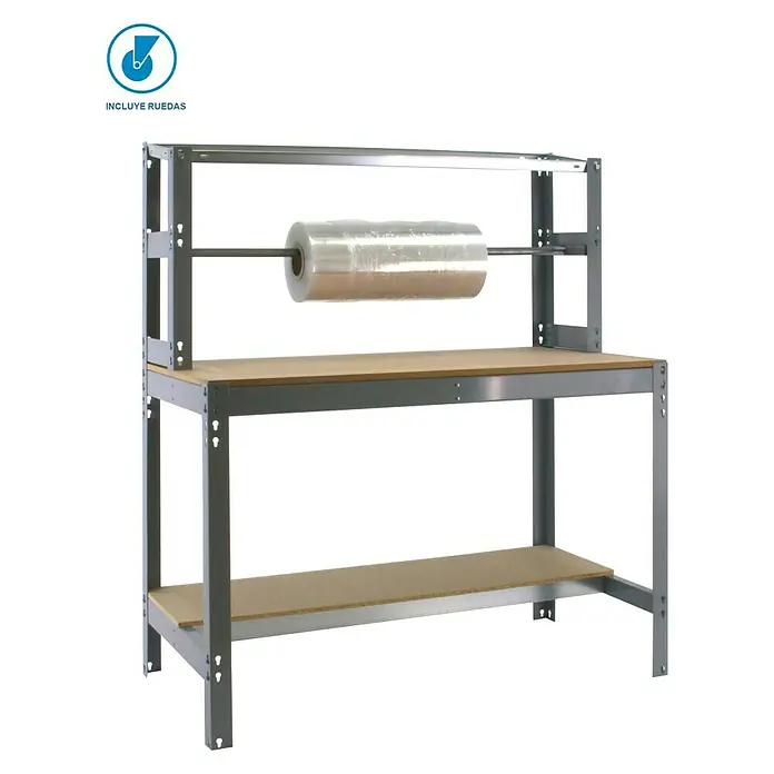 Simonrack Simonwork Banco de trabajo BT4 Mobile - L x An: 76 x 91 cm, Altura de trabajo: 156 cm, Carga soportada: 120 kg, Gris - Esta robusta mesa de trabajo con portarrollos ofrece una solución práctica para tareas de embalaje. Ideal para almacenes y talleres.