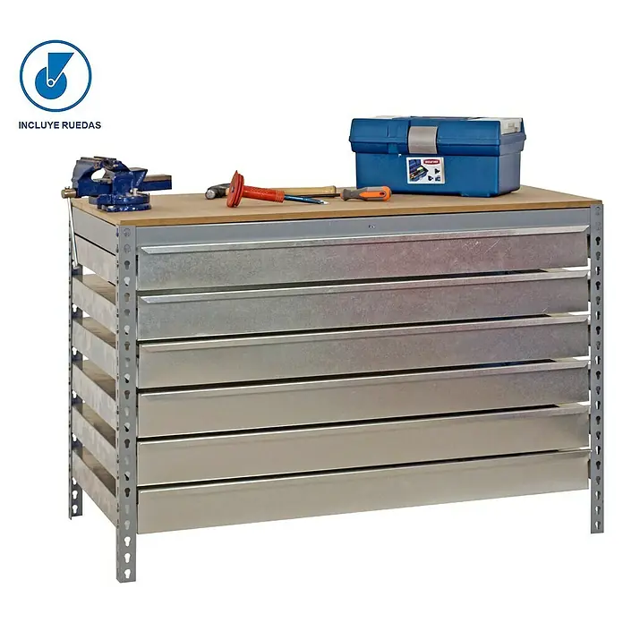 Simonrack Simonwork Banco de trabajo BT5 Box Mobile - L x An: 76 x 120 cm, Altura de trabajo: 95 cm, Carga soportada: 280 kg, Gris - Banco de trabajo con caja de herramientas y tornillo de banco. El banco de trabajo tiene varios cajones y es ideal para taller.