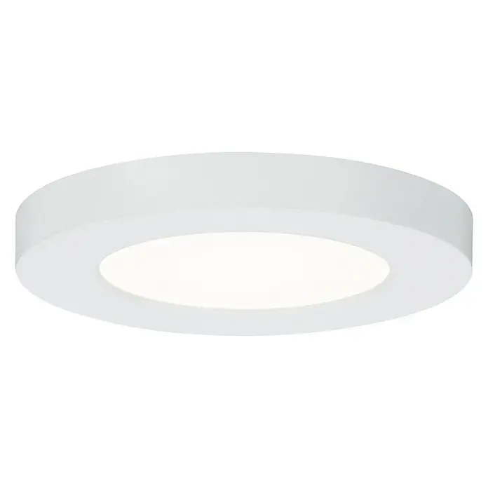 Paulmann LED-Einbauleuchte Cover-it - 6,5 W, Weiß, Durchmesser: 116 mm - Nahaufnahme einer runden, weißen LED-Deckenleuchte mit sanftem Licht vor schwarzem Hintergrund.