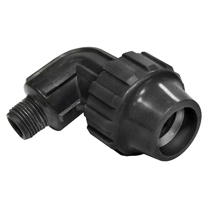 Codo angular montaje rápido macho - Diámetro: 40 mm, 1¼'' - Codo negro con conexión roscada y tuerca de unión para instalaciones de fontanería y sistemas de riego.