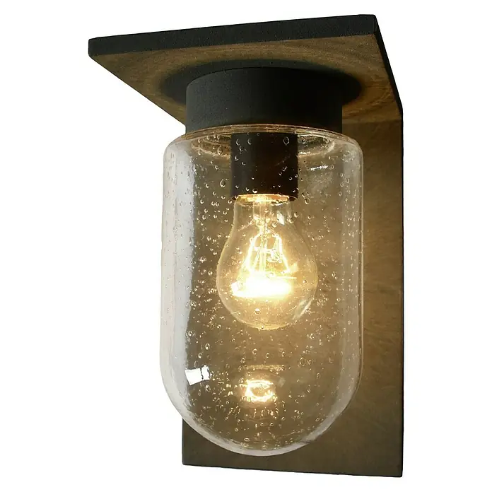 Starlux Außenwandleuchte Elua - 40 W, 19 x 14 x 23 cm, Dunkelgrau, IP44 - Eine moderne Wandleuchte mit einem transparenten, blasenförmigen Glasschirm und einer Edison-Glühbirne.