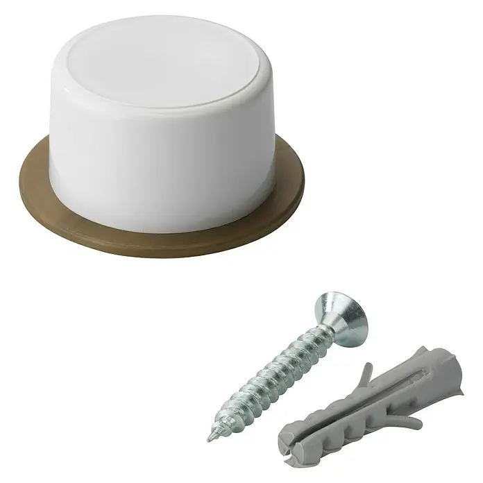 Inofix Tope de puerta 3042 - Plástico, Blanco - Primer plano de un tope de puerta con tornillo y taco, ideal para evitar daños en las paredes por las manetas.