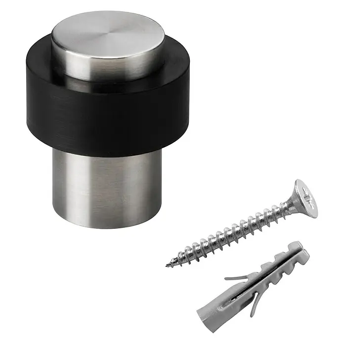 Inofix Tope de puerta 3162 - Acero inoxidable, Plateado/Negro - Un tope de puerta de acero inoxidable con un borde de goma negra, junto con un tornillo y un taco para su instalación.
