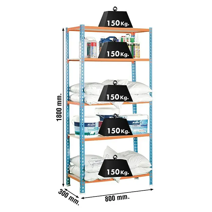 Simonrack Maderclick Estantería metálica Mini - Al x An x Pr: 180 x 80 x 30 cm, Capacidad de carga por balda: 150 kg, Número de baldas: 5 ud., Inserción, Azul/Naranja - Ilustración de una estantería de carga pesada cargada con dimensiones de 1800 mm de altura, 800 mm de ancho y 300 mm de profundidad.