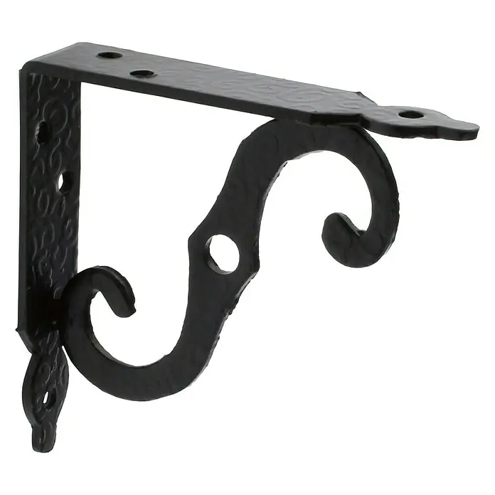 Rei Escuadra de soporte 1476 - L x An x Al: 10 x 9 x 2 cm - Elegante ménsula de pared de hierro forjado negro. La ménsula presenta un diseño decorativo con volutas y agujeros de montaje para facilitar la instalación.