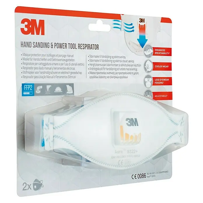 3M Aura Mascarilla de protección respiratoria 9322 - Clase de filtro: FFP2 NR D, 2 ud. - Mascarilla respiratoria 3M Aura 9322+ para herramientas manuales y eléctricas, protección FFP2. Cómoda, transpirable y ajustable para diversas aplicaciones.