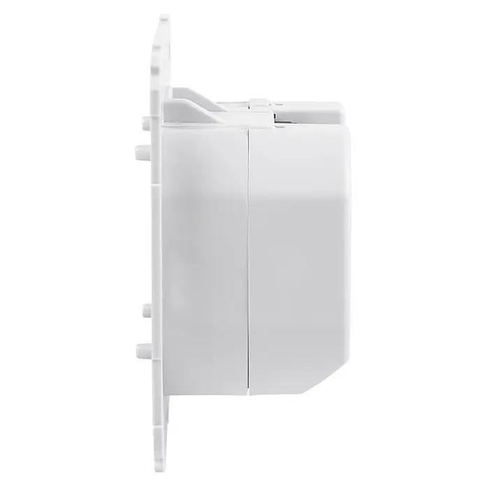 Homematic IP Phasenabschnittdimmer-Einsatz HmIP-BDT - 37 x 71 x 71 mm, Unterputz, 230 V - Ein weißes, rechteckiges Wandgerät mit Befestigungselementen an der Seite für eine einfache Installation und sicheren Halt.