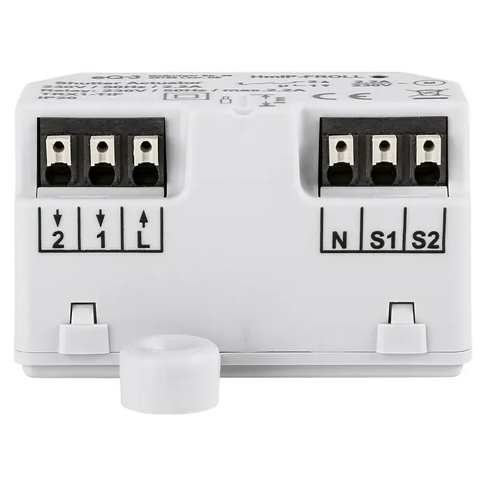 Homematic IP Rollladenschalter HmIP-FROLL - Unterputz, 54 x 41 x 33 mm, Funk - Nahaufnahme eines Homematic IP Rollladenaktor-Geräts, das die Anschlüsse für einfache Installation und Steuerung zeigt.