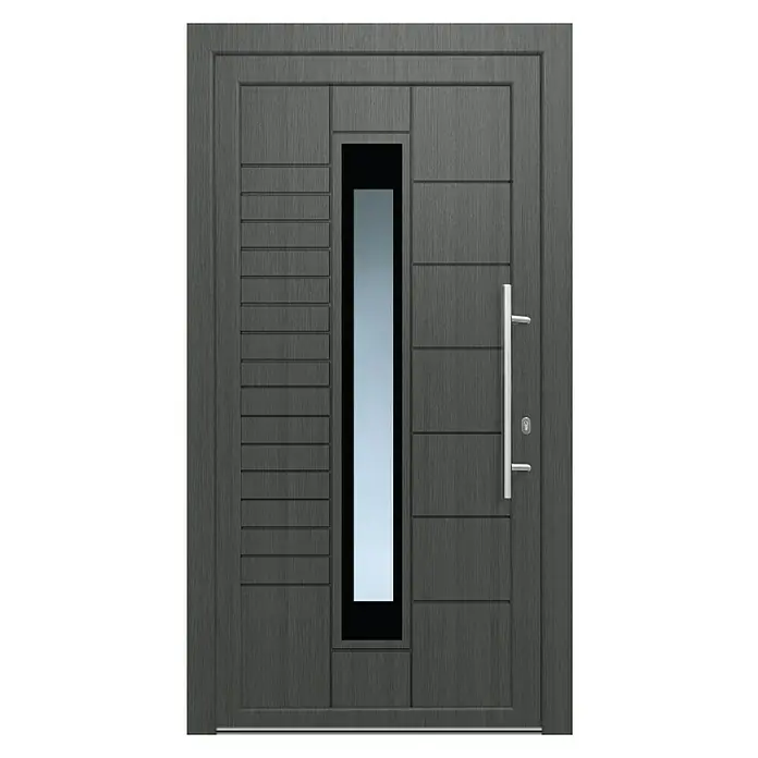 Solid Elements Haustür KT-541 - 110 x 210 cm, DIN Anschlag: Rechts, Fenstergrau/Verkehrsweiß - Graue Haustür mit geradlinigem Design und einem schmalen, vertikalen Fenster. Der Türgriff ist aus Metall.