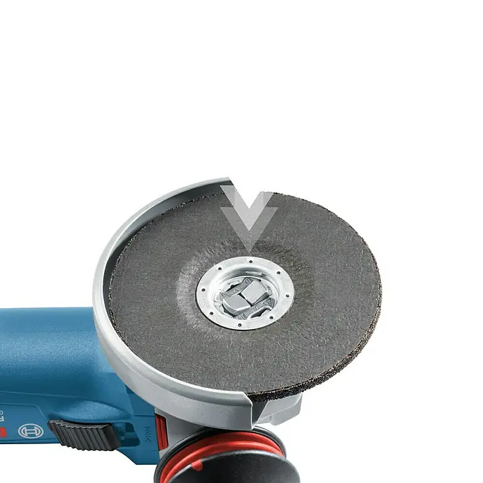 Bosch Professional X-Lock Elektro-Winkelschleifer GWX 14-125 - 1.400 W, Durchmesser Scheibe: 125 mm, Leerlaufdrehzahl: 11.000 U/min - Bild einer Bosch-Winkelschleifmaschine mit einem Schleifaufsatz und dem Text "Klick!".