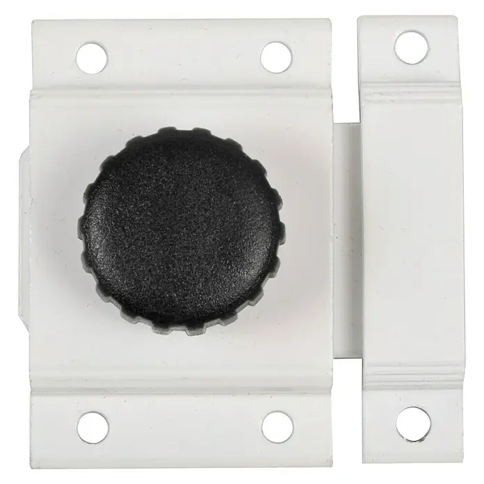 Pestillo deslizante - L x An x Al: 22 x 45 x 3,6 mm, Aluminio, Blanco - Primer plano de un pestillo de bloqueo de ventana blanco con un botón negro.