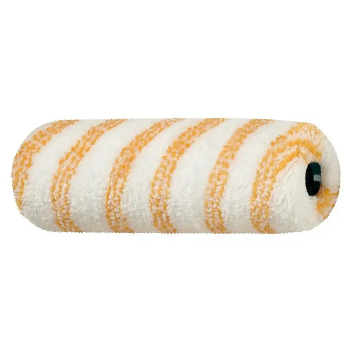 Recambio de rodillos Gold - Anchura cilindro: 23 cm, Diámetro: 4,8 cm - Primer plano de un rodillo de pintura con rayas blancas y naranjas. Ideal para pintar paredes y techos con un acabado liso.