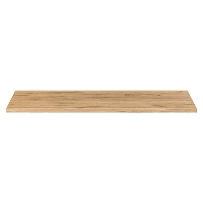 Camargue Espacio Waschtischplatte - 140 x 46 x 3,2 cm, Doce - Nahaufnahme einer schlichten, hölzernen Tischplatte vor einem neutralen, schwarzen Hintergrund. Das Holz hat eine feine Maserung und eine warme Farbe.