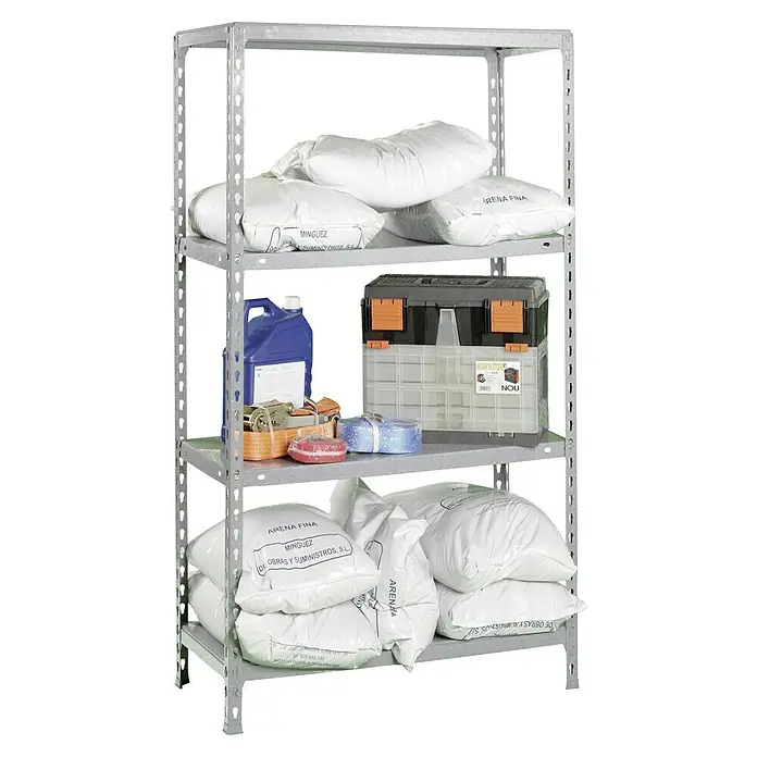 Simonrack Simonclick Metallregal Ecoclick SuperPlus - H x B x T: 150 x 110 x 50 cm, Traglast pro Boden: 70 kg, Anzahl Böden: 4 Stk., Stecken, Silber - Lagerregal mit Sandsäcken, Werkzeugkiste und Kanister.