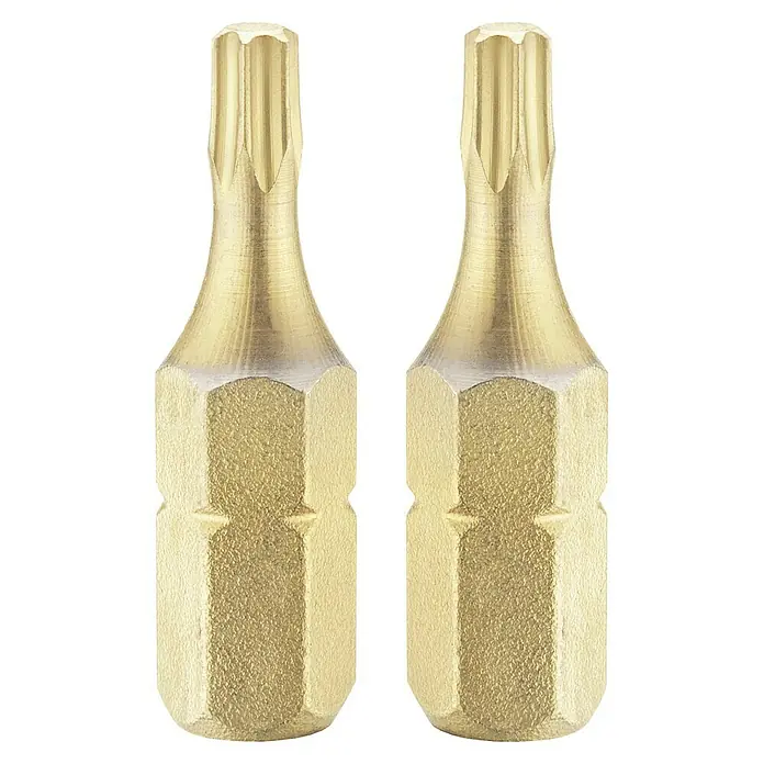 Connex Punta COXT973815 - TX 15, 25 mm - Dos puntas Torx doradas sobre un fondo negro, ideales para atornillar. Fabricadas con precisión para un agarre óptimo y una larga vida útil.