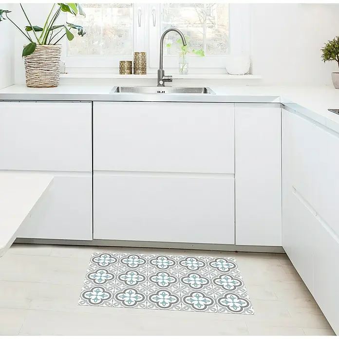 Alfombra de vinilo Croma Hidra topo - 75 x 45 cm - Camino de cocina decorativo con un estampado azul y gris. El camino aporta un toque de color y elegancia a la cocina moderna.