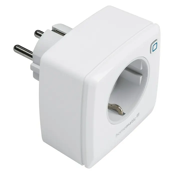 Homematic IP Funksteckdose Phasenabschnittdimmer HmIP-PDT - Weiß, 230 V - Nahaufnahme eines weißen Homematic IP Smart Home Zwischensteckers für den Innenbereich, der Automatisierung ermöglicht.