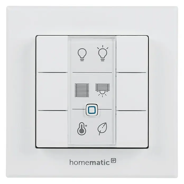 Homematic IP Funk-Wandtaster HmIP-WRC6 - Batteriebetrieben, Weiß, 22 x 86 x 86 mm - Nahaufnahme eines Homematic IP Wandschalters mit verschiedenen Funktionen zur Haussteuerung.