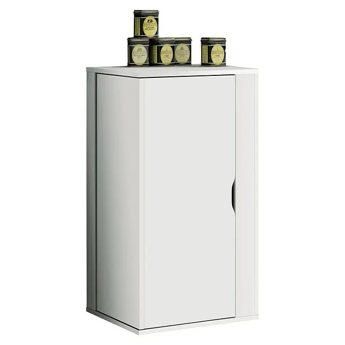 Muebles Pitarch Zapatero Naia - L x An x Al: 47 x 47 x 90 cm, Blanco - Toma de un armario blanco con cuatro latas de té Harney & Sons encima, que sirve como una solución de almacenamiento elegante.