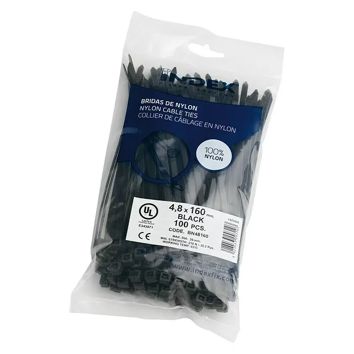 Index Bridas para cables de Nylon - An x L: 48 x 250 mm, Plástico, Negro - Un paquete de bridas de nylon negras de 4,8 x 160 mm de INDEX, que contiene 100 unidades, ideal para agrupar y fijar cables.