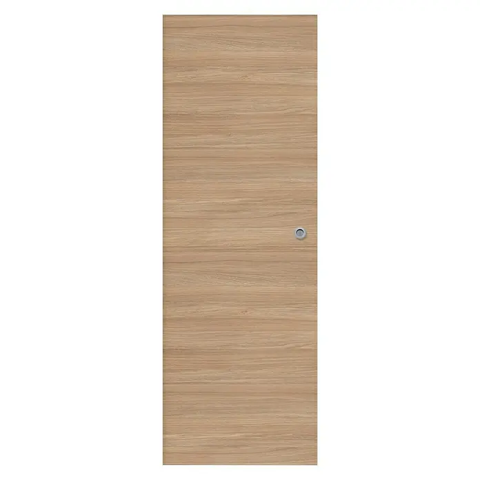 Solid Elements Hoja de puerta Roble Urban - 82,5 x 203 cm, Roble claro, Maciza, Con uñero - Primer plano de una puerta de madera con un patrón de veta horizontal y un pomo redondo plateado, ideal para interiores modernos.
