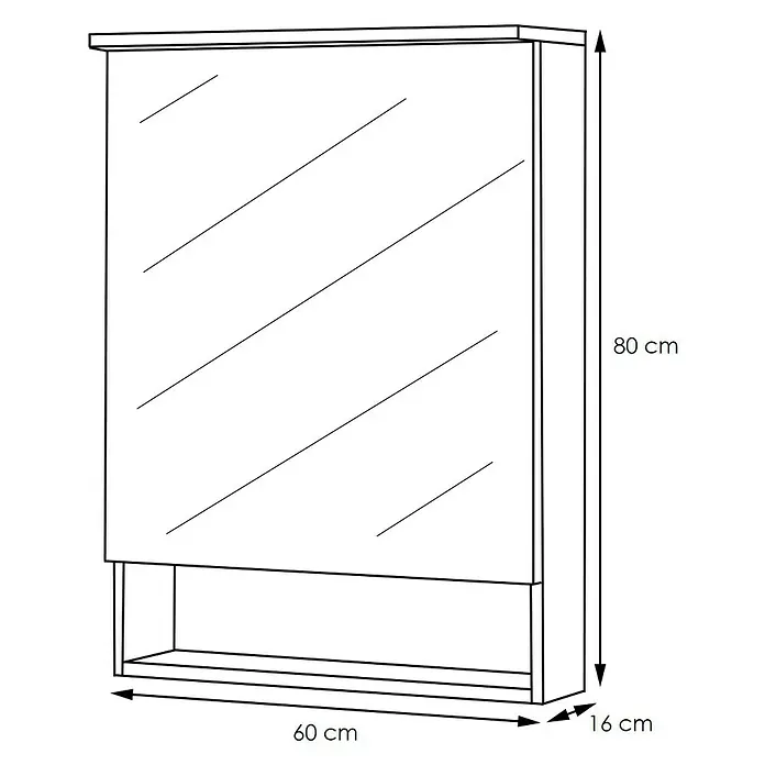 Artysan Armario con espejo LED Abi 1P - An x Al: 60 x 80 cm, Plástico, Blanco - Ilustración de un armario de baño con espejo y estante, dimensiones 80 x 60 x 16 cm.