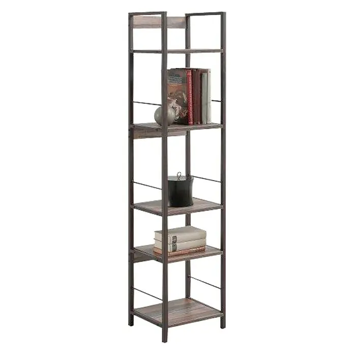 Estantería de madera Kala Industrial - Al x An x Pr: 150 x 34 x 30 cm, Número de baldas: 5 ud., Atornillado, Marrón/Negro - Esta imagen muestra una estantería delgada de cinco niveles en una combinación elegante de madera y metal. ¡La solución de almacenamiento perfecta!