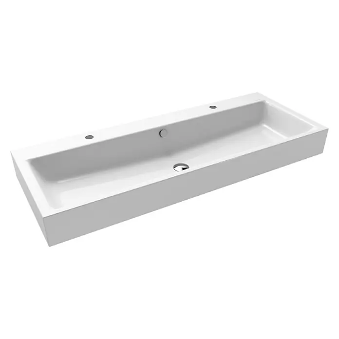 Kaldewei Waschtisch Puro - 120 x 46 cm, Mit schmutzabweisender Glasur, Anzahl Hahnlöcher: 2, Weiß - Abgebildetes ist ein modernes, rechteckiges Aufsatzwaschbecken in Weiß mit Hahnlöchern und Überlauf. Ideal für ein stilvolles Badezimmer.