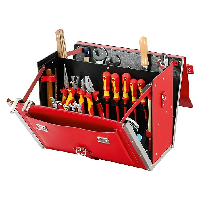 Hepco & Becker Werkzeugtasche Favorit 7123 - Innenmaß: B x T x H: 450 x 340 x 190 mm, Leder, Rot - Offener roter Werkzeugkoffer aus Leder mit verschiedenen Werkzeugen für Handwerker und Heimwerker. Solide Verarbeitung und gute Übersicht.