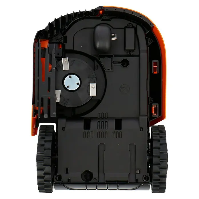 Worx PowerShare 20V Robot cortacésped Landroid M700 - 700 m², Ancho de corte: 18 cm, Navegación por inducción, Cable de antena - Parte inferior de un robot cortacésped con cuchillas afiladas, ruedas robustas y un diseño elegante y moderno.