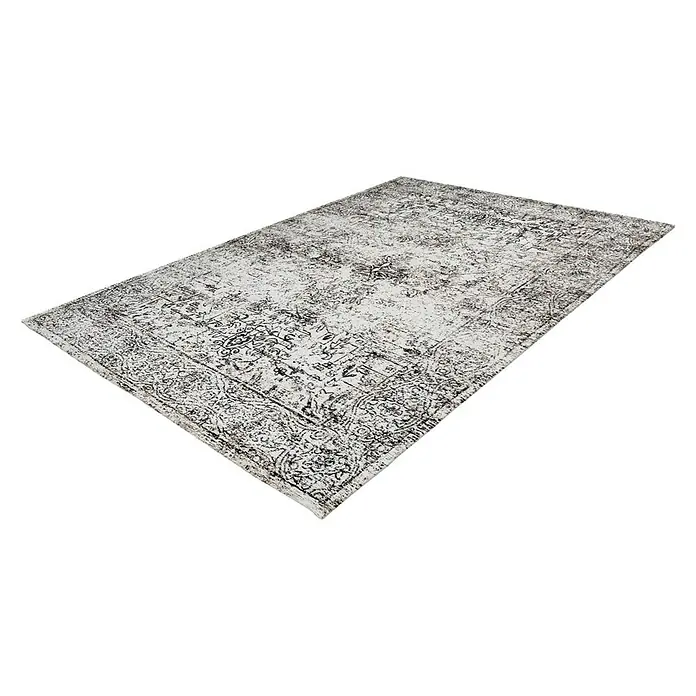 Kayoom Kurzflorteppich Iglesia - Anthrazit, 150 x 80 cm, 100 % Polyester - Grauer Teppich mit orientalischem Muster auf schwarzem Hintergrund, ideal für Wohnzimmer oder Schlafzimmer.