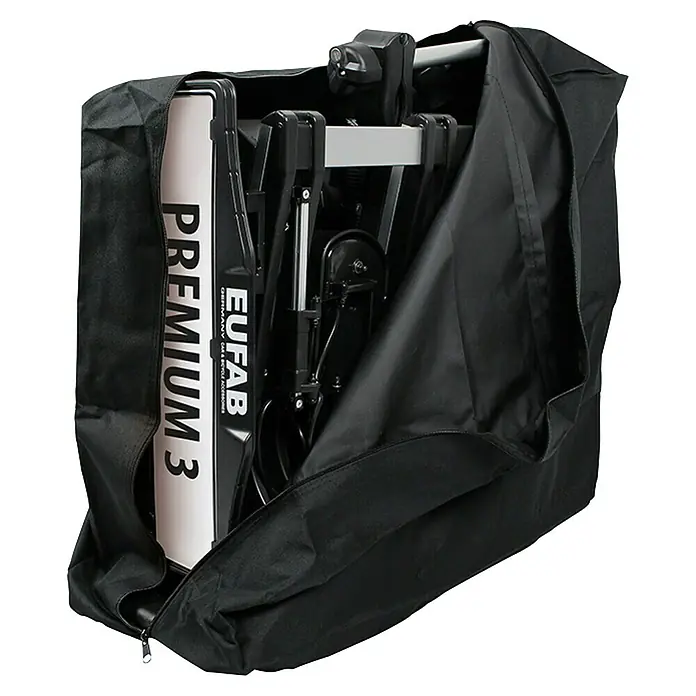 Eufab Fahrradträger Premium III - Geeignet für: 3 Fahrräder, Traglast: 60 kg - Eufab Premium 3 Fahrradträger in einer schwarzen Tragetasche, ideal für sicheren Transport und Lagerung.