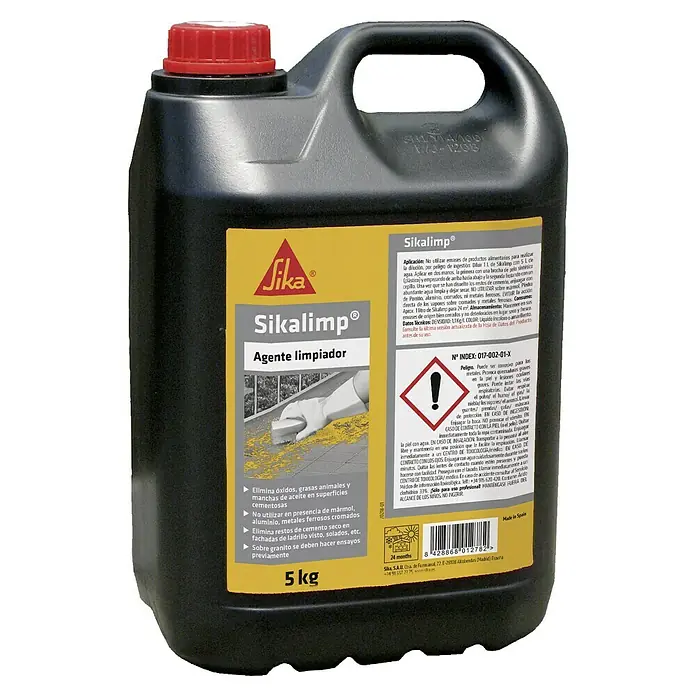 Sika Limpiador especial Sikalimp - 5 kg - Limpiador Sikalimp: Un envase negro de 5 kg con tapa roja, perfecto para eliminar óxidos y grasa en superficies de cemento.