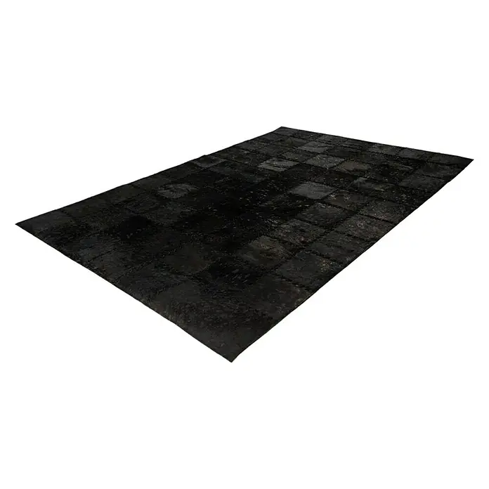 Kayoom Lederteppich Viola - Schwarz, 170 x 120 cm, 100 % Echtleder - Ein dunkler Teppich mit quadratischen Mustern, ideal für moderne Wohnräume, bietet Komfort und Stil.
