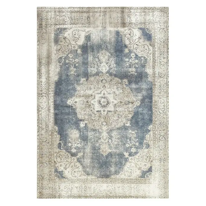 Kayoom Kurzflorteppich Vintage - Creme/Blau, 200 x 140 cm, 100 % Polyacryl - Ein detailreicher Vintage-Teppich in Blau und Beige mit einem zentralen Medaillonmuster und dekorativen Bordüren.