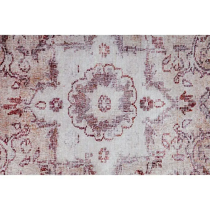 Kayoom Kurzflorteppich Vintage - Rot/Beige, 200 x 140 cm, 100 % Polyacryl - Nahaufnahme eines detailreichen Teppichs mit floralem Muster in Weiß- und Rottönen, der eine elegante und klassische Atmosphäre ausstrahlt.