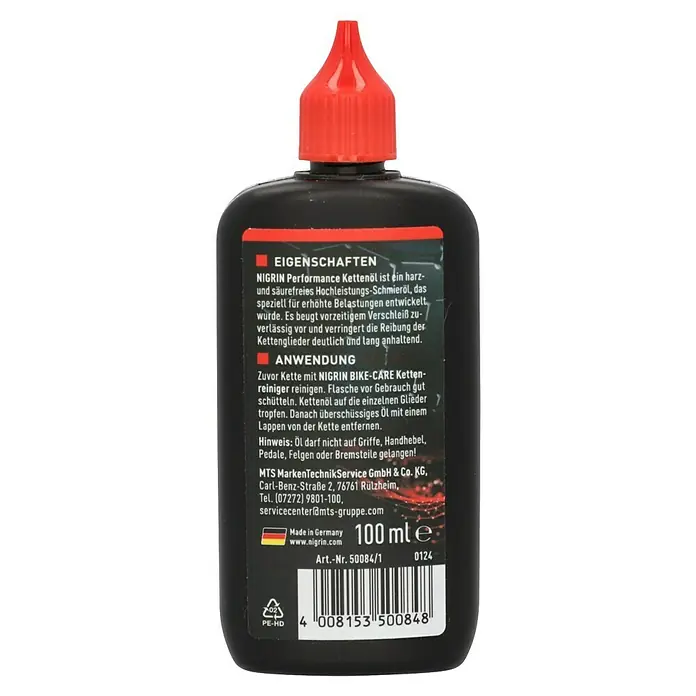 Nigrin Kettenöl E-Bike - 100 ml - Abbildung einer Flasche NIGRIN Performance Kettenöl, ein harz- und säurefreies Hochleistungs-Schmieröl, das speziell für erhöhte Belastungen entwickelt wurde.