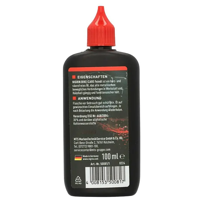 Nigrin Feinmechaniköl - 100 g - Bild einer schwarzen Flasche NIGRIN BIKE-CARE Feinöl, ideal für die Pflege von Fahrradteilen. Enthält 100 ml harz- und säurefreies Öl.