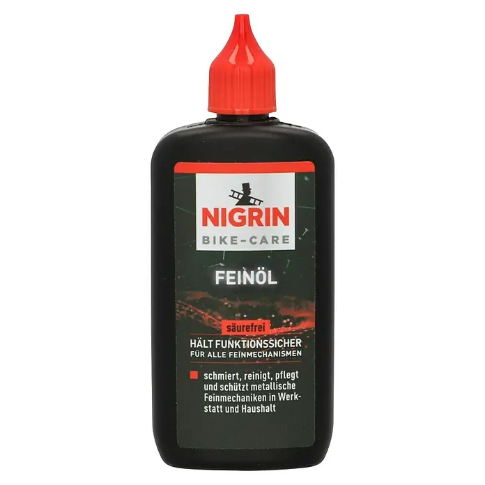 Nigrin Feinmechaniköl - 100 g - Abgebildet ist eine Flasche Nigrin Bike-Care Feinöl. Das Öl schmiert, reinigt und pflegt feine Metallmechaniken in Werkstatt und Haushalt.